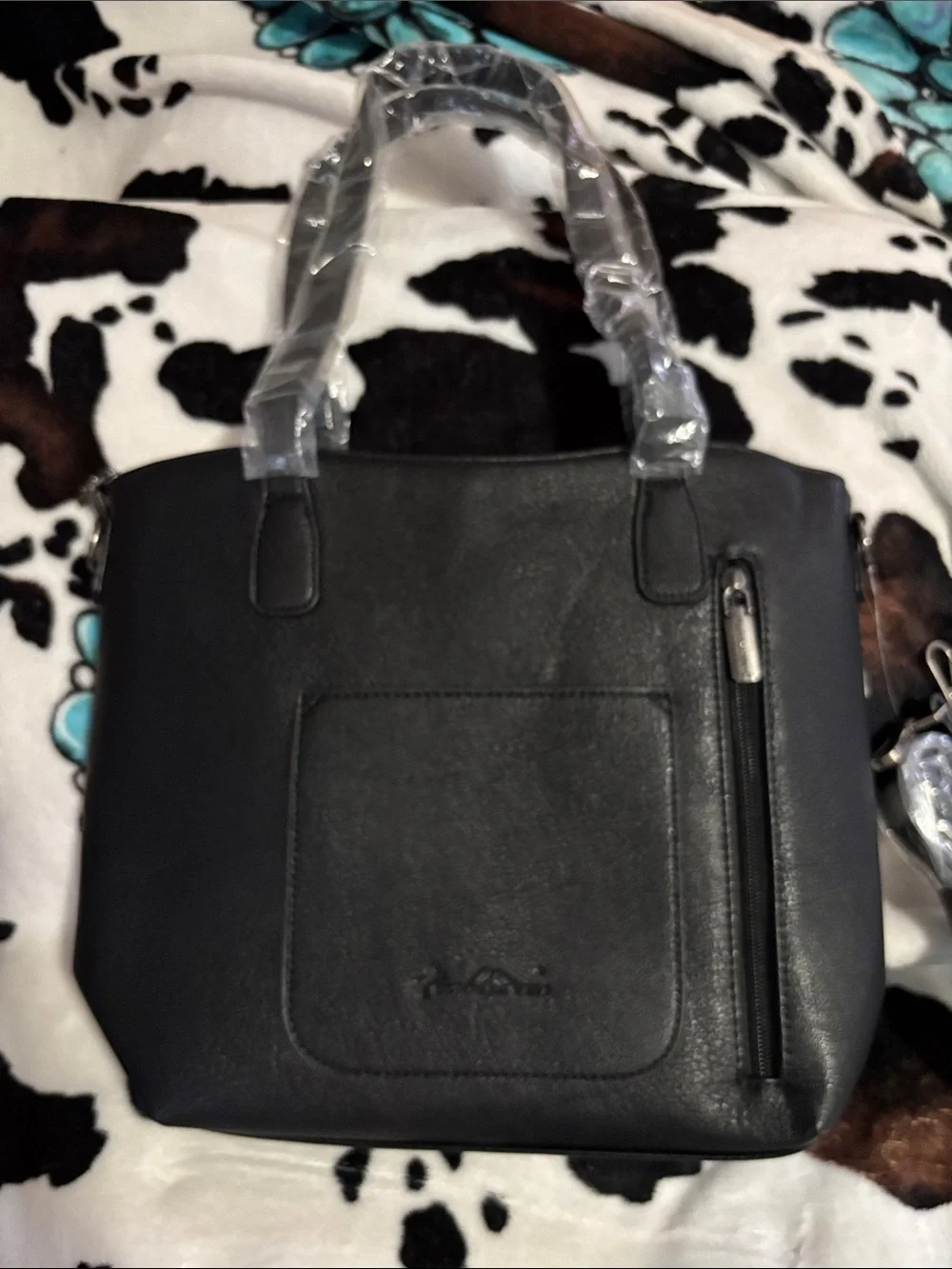 Montana West Black & White Cowhide Tote with Turquoise Accents - Picture 2 of 4